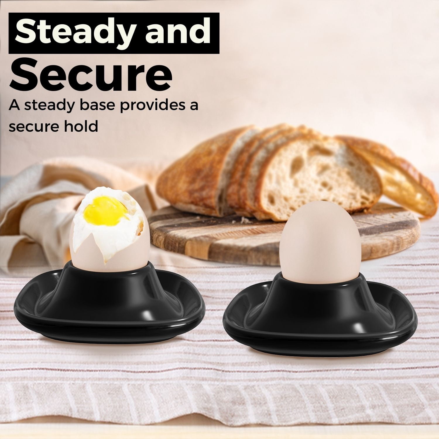 Ceramic Egg Cups Set of 6 Half Dozen Pack, Porcelain Hard Soft Boiled Egg Holder Keeper Container with Base, Stackable Serving Dish Plate Stand Serveware for Countertop Display Kitchen Home (Black)