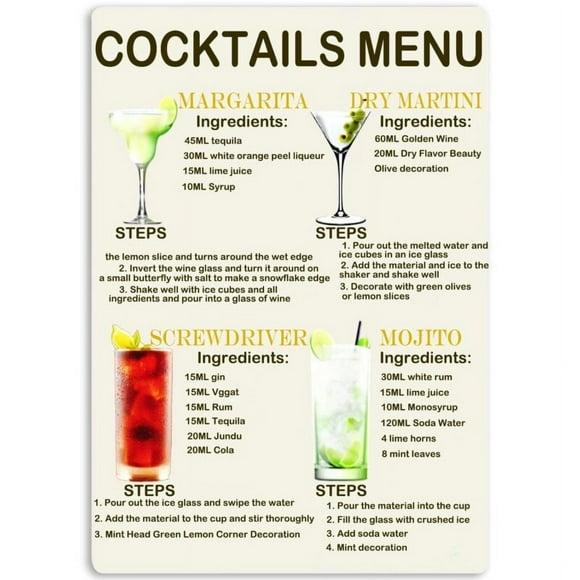 Size: 16" x 12" - Classic Cocktail Recipes Tin Sign Cocktail Menu Poster Vintage Metal Tin Signs