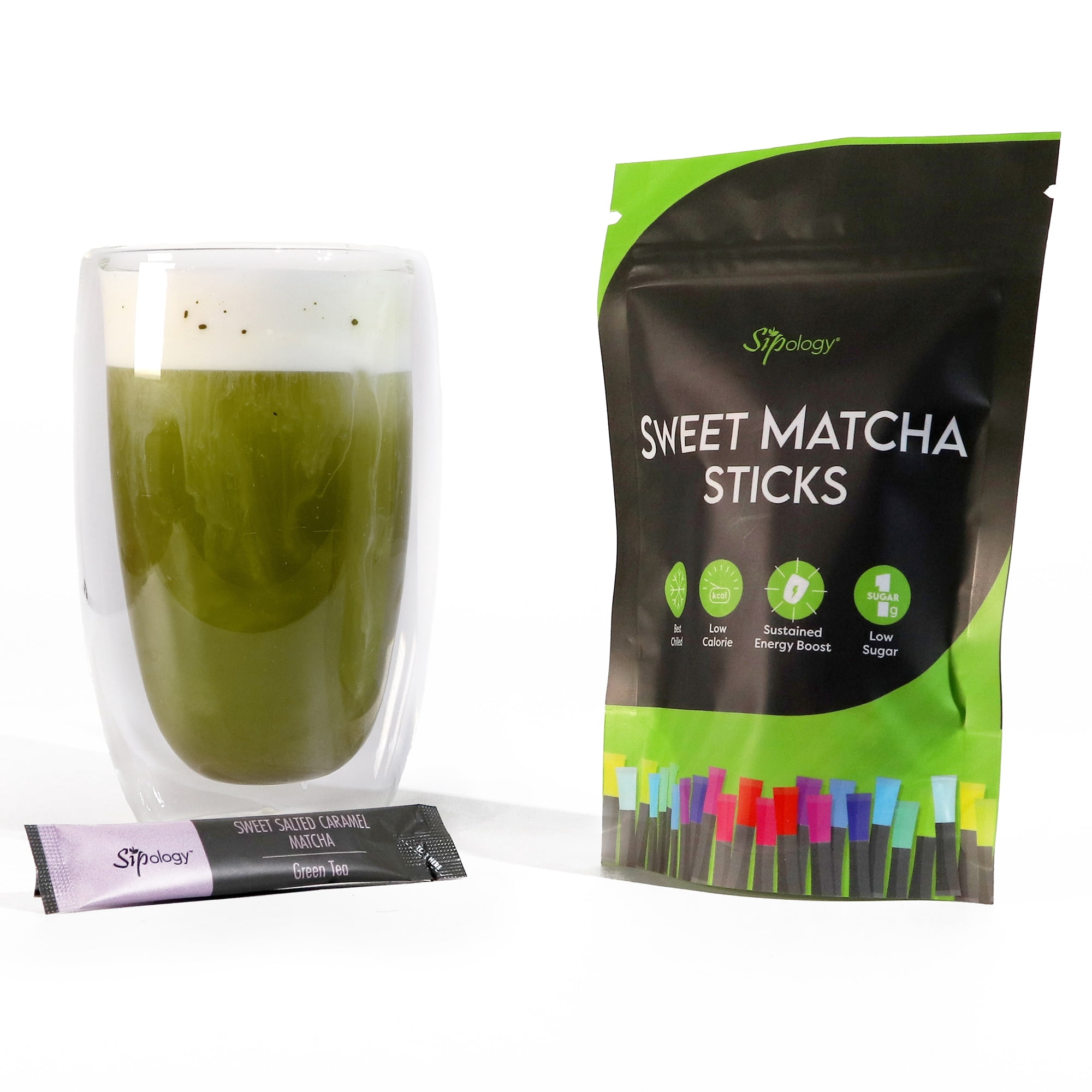 Sipology: Sweet Matcha - Salted Caramel - 10 Stick Pack, Powder Drink Mix, Hot Or Cold, Japanese Matcha, Low Sugar & Stevia Sweetened, Energy Boost
