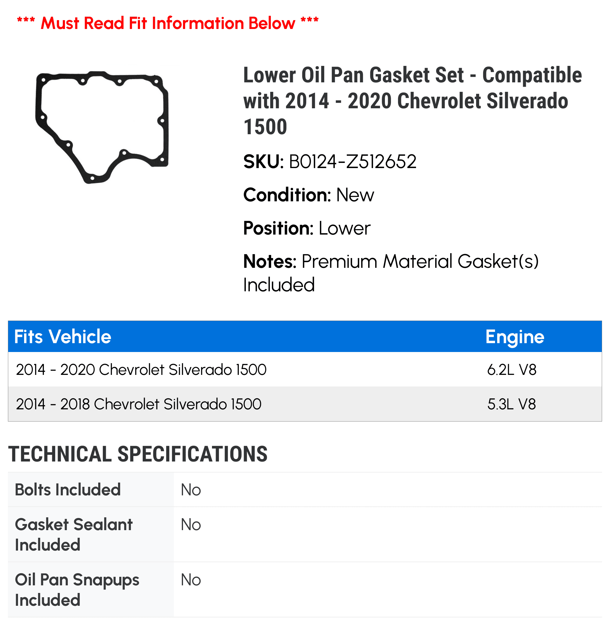 Lower Oil Pan Gasket Set - Compatible with 2014 - 2020 Chevy Silverado 1500 2015 2016 2017 2018 2019
