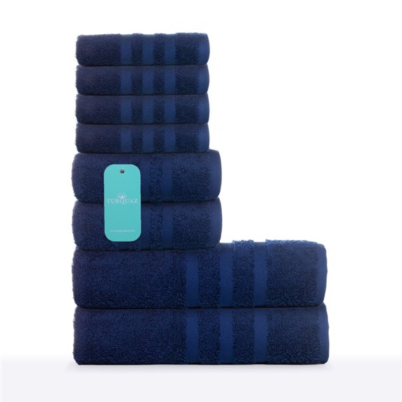 Turquaz Linen 100% Turkish Cotton 8-Piece Towel Set, Plush & Soft (Navy Blue)