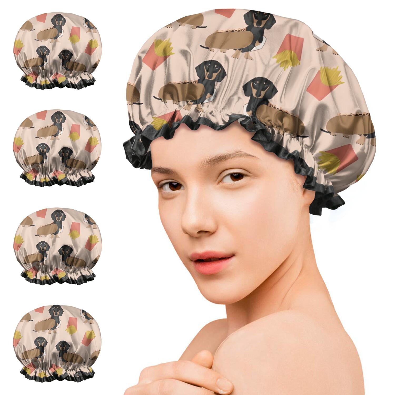 Shower Caps,Dachshund Hotdog Fries Waterproof Shower Cap for Women 4 Pieces,Double Reusable Hair Cover for Shower PEVA Elastic Stretch Hem