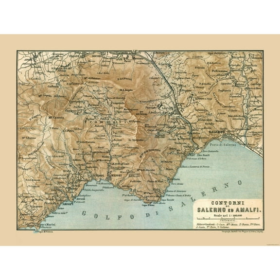Historic Map - Salerno Amalfi Italy - Baedeker 1880 - 30.41 x 23 - Vintage Wall Art
