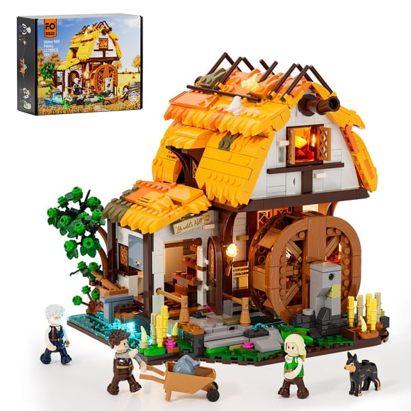 Juego de ladrillos de construcción FUNWHOLE, molino de agua medieval con LED, 1278 unidades