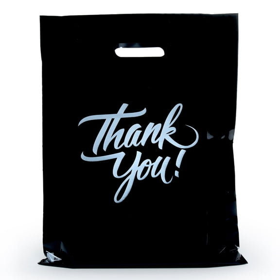 InfinitePack 100 Pieces Thank You Merchandise Bags, Die Cut Handles, Retail Shopping Bags for Boutique, Goodie Bags, Gift Bags Bulk, Favors, Reusable Plastic Bags 9X12