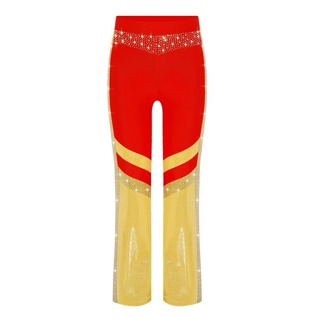 Manyakai Kids Girls Shiny Rhinestone Flared Leggings Pants Jazz Hip Hop Dance Performance Bell Bottom Disco Party Trousers Red 14