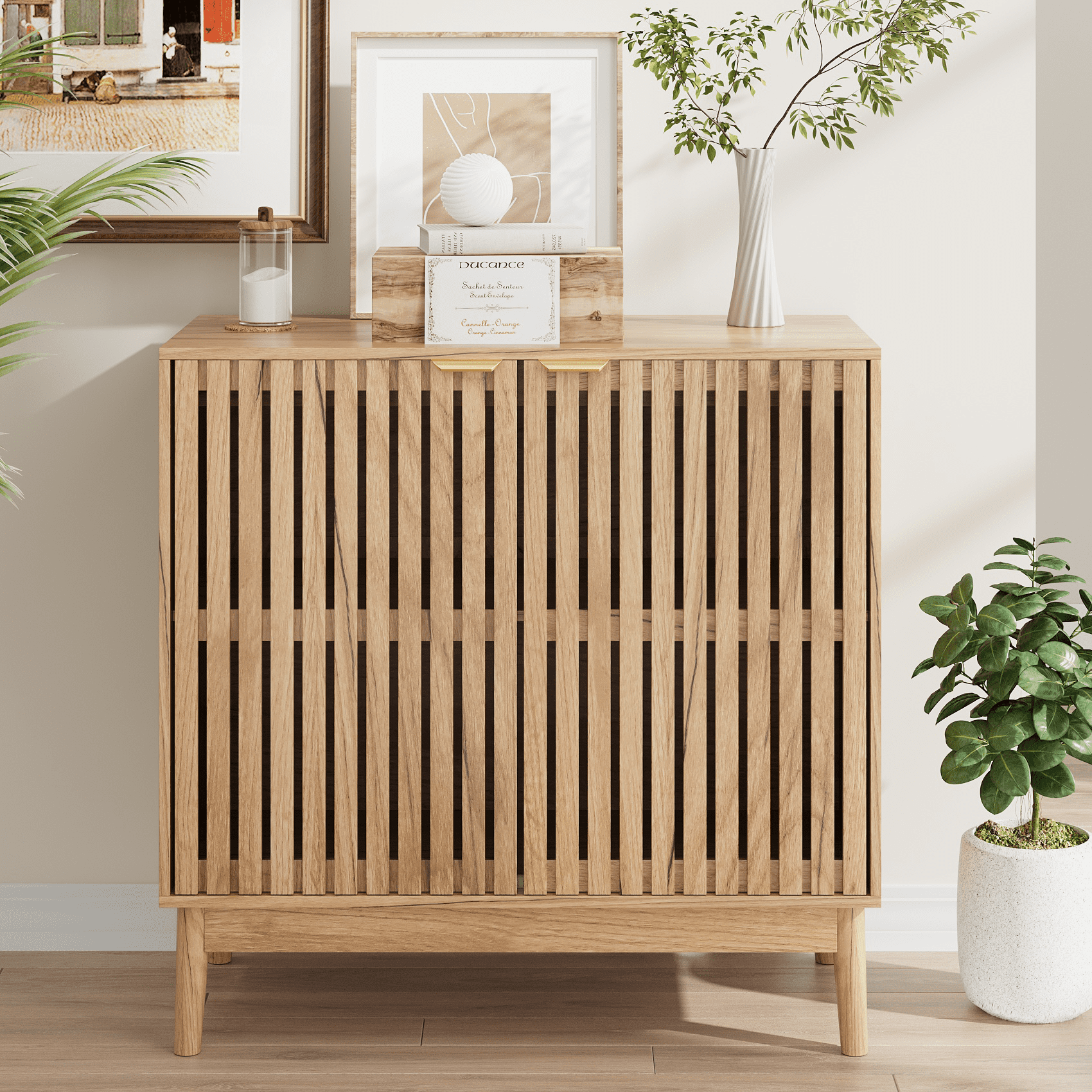 Algherohein Sideboard Cabinet with 4 Door & Adjustable Shelves, Kitchen Storage Organizer, Home Decor TV Stand for Living Room, Oak