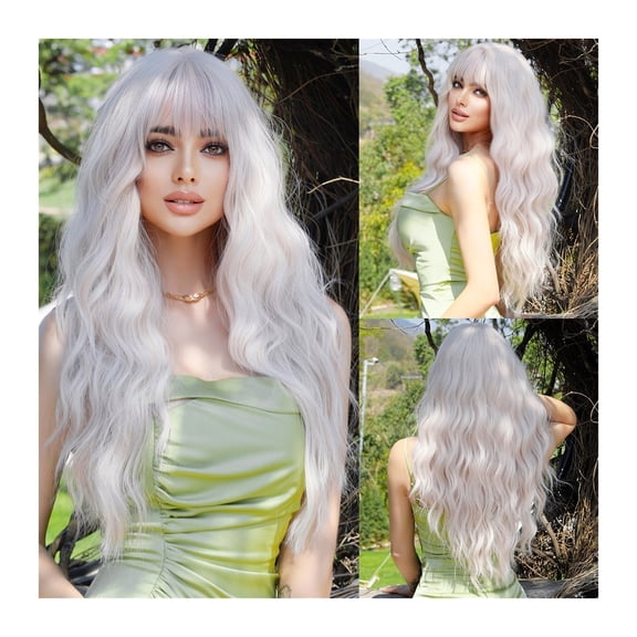 Long Wavy White Wig for Women Daily Party Natural Synthetic Platinum Wigs with Fluffy Bangs Sold Lolita Wigs Heat Resistant