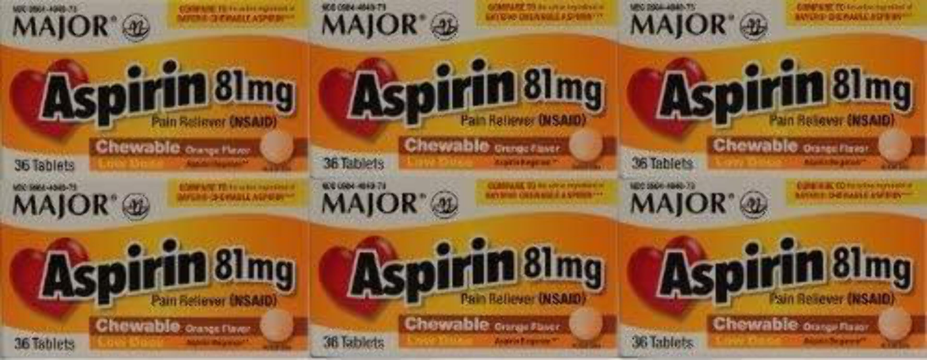 Major Low Dose Aspirin Chewables Orange Flavor 81mg 36 Tabs 6Pack