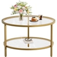 thumbnail image 1 of Mesa de centro redonda de vidrio de 2 niveles con estante de almacenamiento, mesa central moderna simple con marco dorado para sala de estar, oficina en casa, 1 of 4