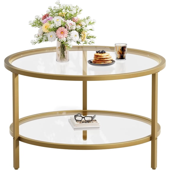 Round Glass Coffee Table 2 Tier Coffee Tables with Storage Shelf for Large or Small Space Modern Simple Center Table with Gold Frame for Living Room Home Office, Easy Assembly…