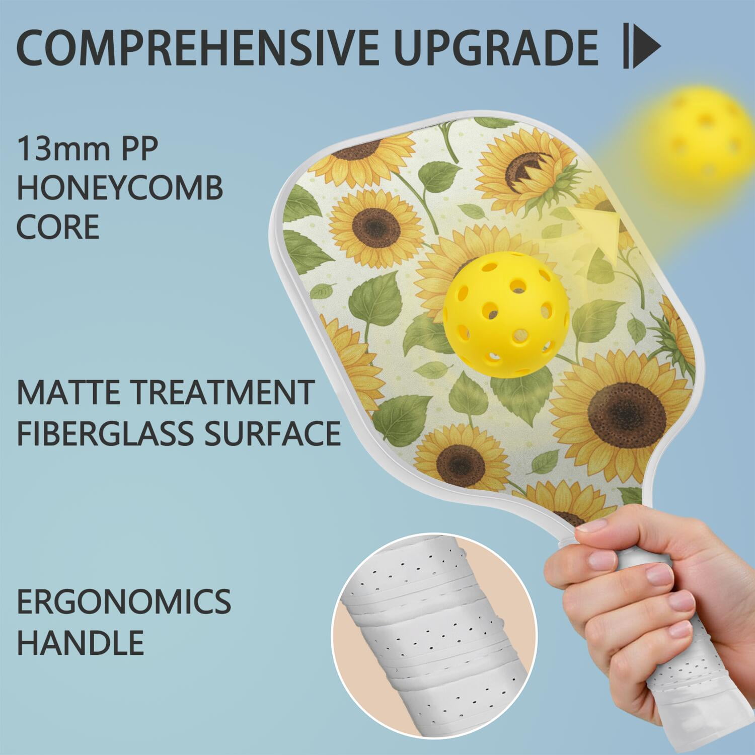Pickleball Paddles Set Of 1, Fiberglass Surface,Sunflower Print, 1 Paddle, 2 Balls & Bag