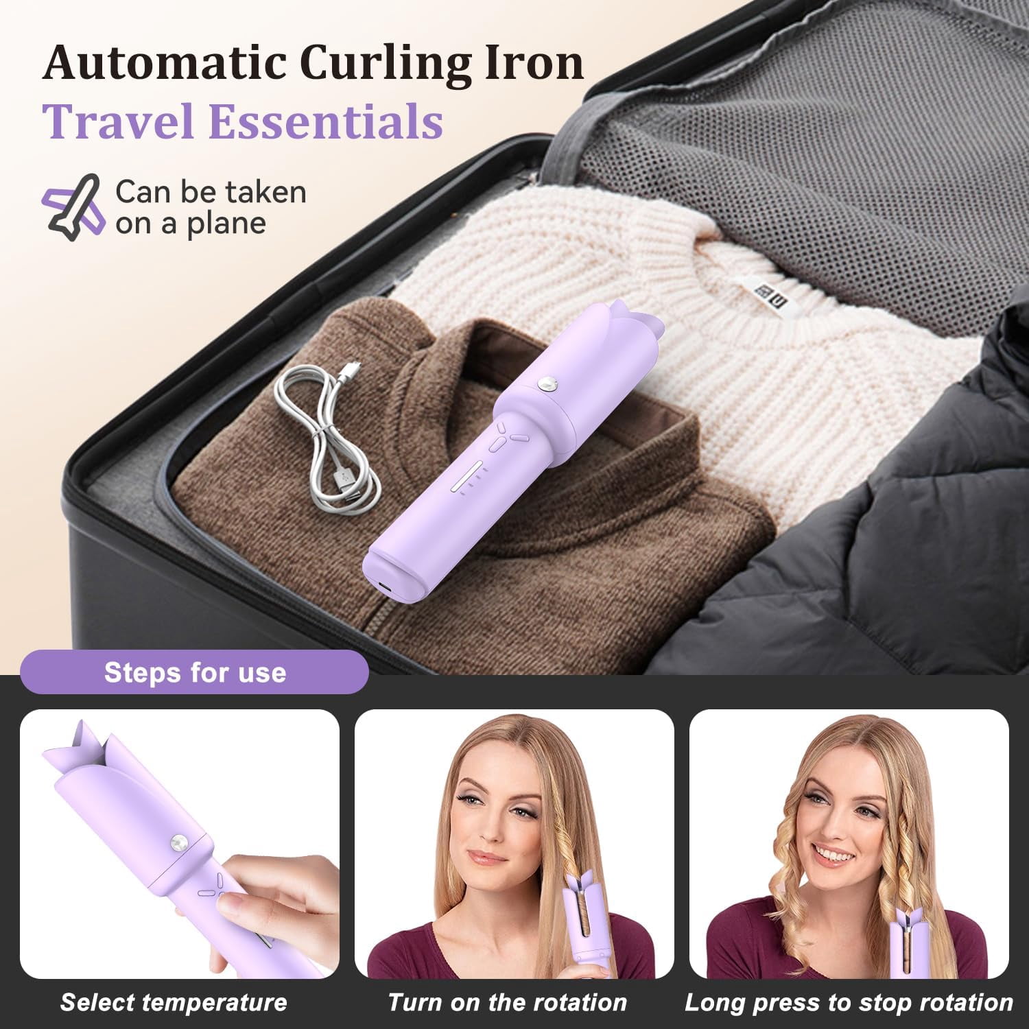 Cordless Automatic Hair Curler, 1.2-Inch USB Rechargeable Auto-Rotating Ceramic Curling Iron with 4 Temperature Settings for Travel