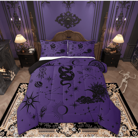 Manfei Cartoon Boho Snake Bedding Comforter Set for Teen, Vintage Mystic Purple Galaxy Twin Comforter Sets, Tribal Animal Reversible Bedding Set, Ultra Soft Home Decor, 2-Piece