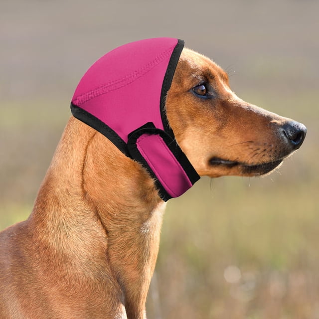 Waterproof Dog Ear Caps for Swimming Bathing, Calming Earmuffs with Hook Loop Adjustable Headband, Pet Ear Protection Cover for Grooming Shower Pool Beach, Red