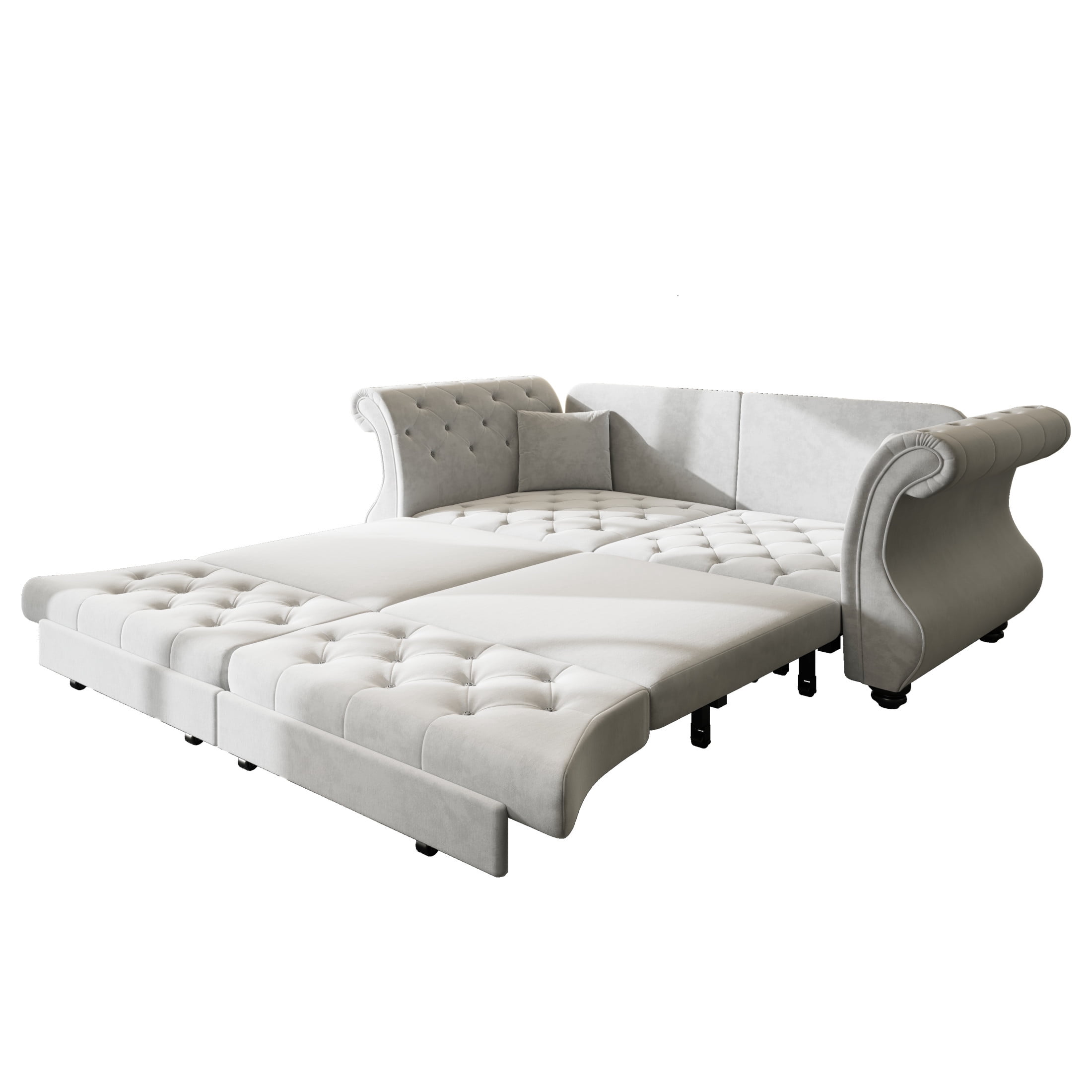 Noble House Wesley Oversized Velvet Chesterfield Pull Out Sofa Bed, Flower Tufted Roll Arm Sleeper Couch, Light Grey