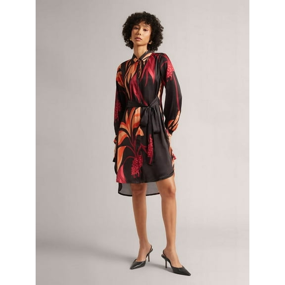 Zaccai Women's Black Satin Abstract Button Down Dress