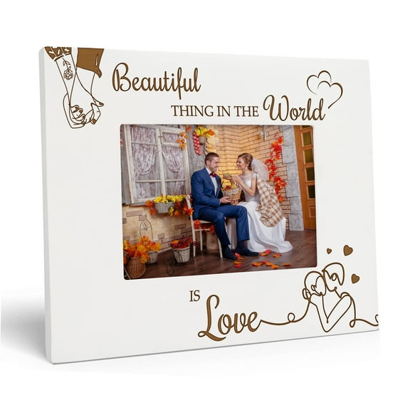 Darling Souvenir Made With Love Engraved Table Top Photo Frame Wooden Beartiful Thing In The World Is Love Quotes White Picture Frame Gift For Brothers Day, 4x6 Inches Horizontal Photo Size