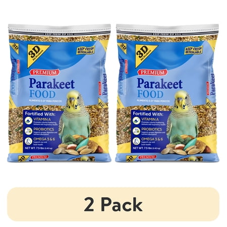 (2 pack) 3-D Pet Products Premium Parakeet Bird Food, with Probiotics, 7.5 lb. Zipper Seal Bag, for Daily Feeding