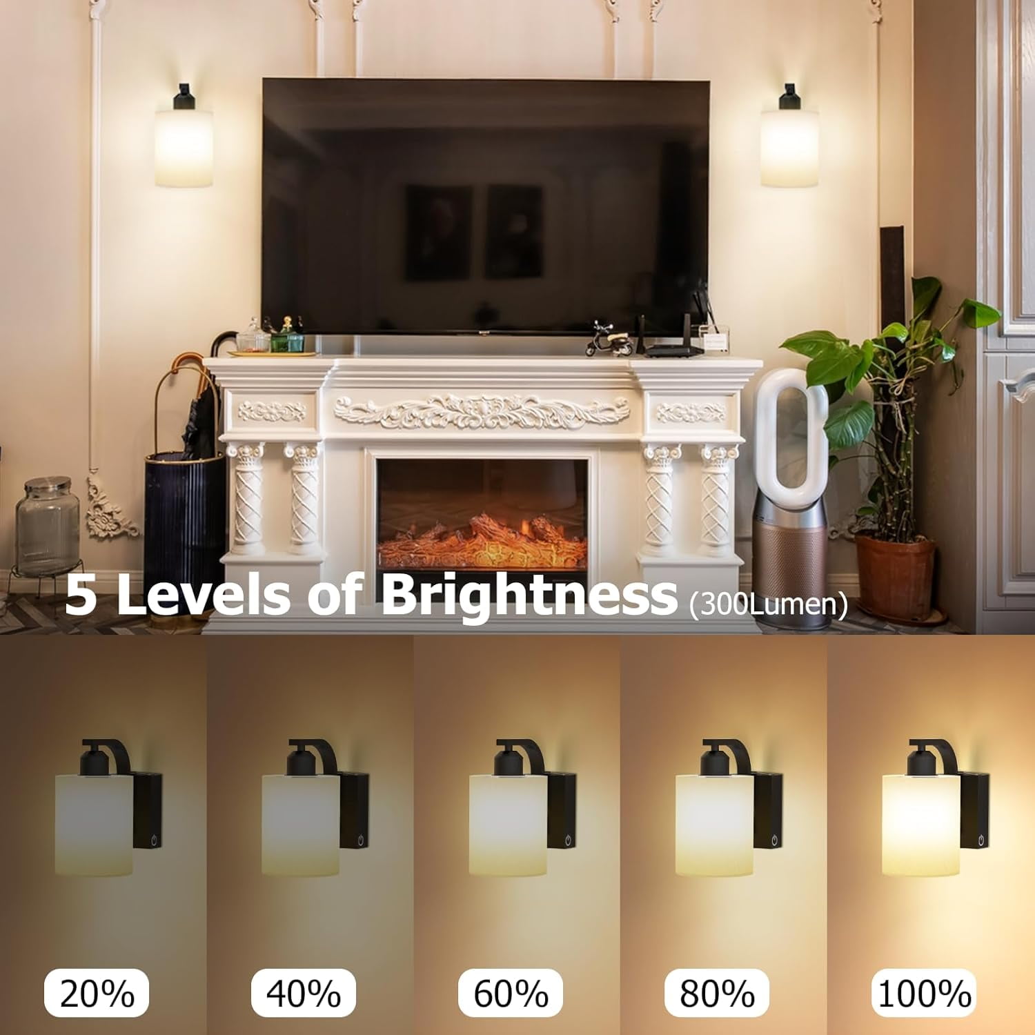 RGHJAR-1 Pack Battery Operated Wall Sconces Lights: 6000mAh Rechargeable Wall Lights with Remote Control, Dimmable LED Wall Lamp Indoor, Black Wireless Scone Lighting for Bedroom Living Room Bathroom
