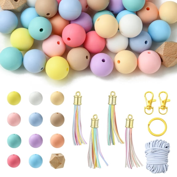 DanLingJewelry 54Pcs Mixed Silicone Wood Beads Kit 15mm Focal Beads with Tassel Clasps for Jewelry Making Keychain Crafts