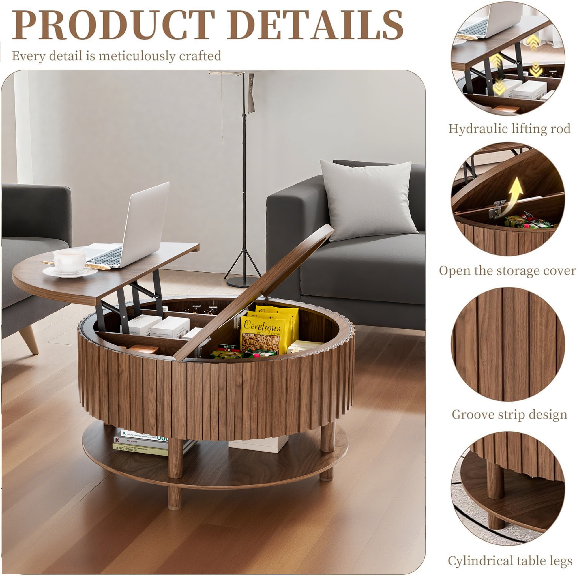 Round Lift Top Coffee Table with Storage, 2-Tier Center Table with Hidden Compartment, Circle Coffee Table with Open Shelf for Living Room, Walnut
