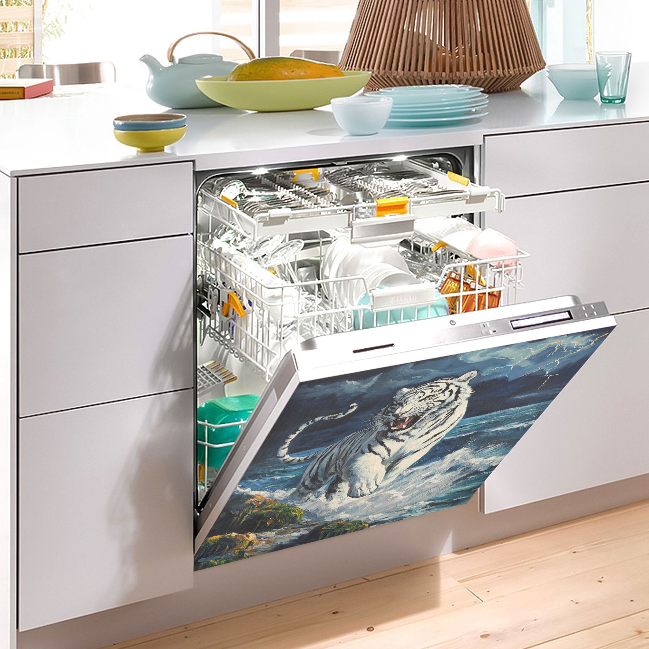 Dishwasher Magnetic Sticker 23x26 Inch Refrigerator Magnetic Sticker Washing Machine Magnetic Sticker Kitchen Panel Magnetic Sticker Home Decor The Sea and The White Tiger
