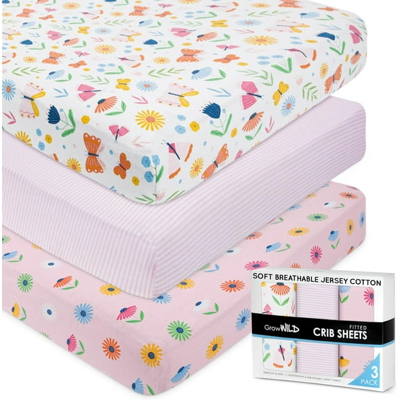 Grow Wild Baby Crib Sheets for Girls (3 Pack), Soft Jersey Cotton Fitted Crib Sheets for Infant, Babies or Toddlers Unisex - 52"x 28" x 9", Butterflies and Flowers