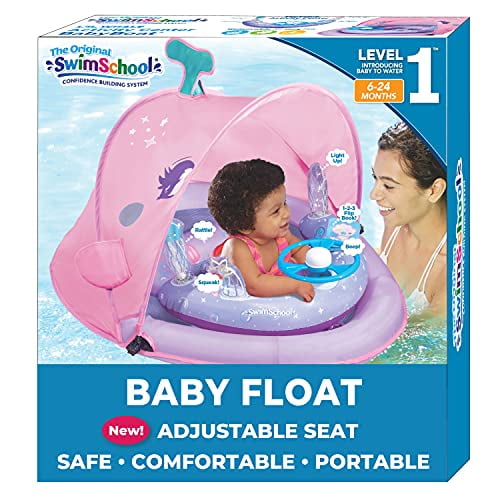 SwimSchool Infant Baby Pool Float with 5 Toy Interactive Play Console, Adjustable Sun Canopy, Perfect-Fit Safety Seat, Infant Baby Floatie, 6 - 24 Months, Pink
