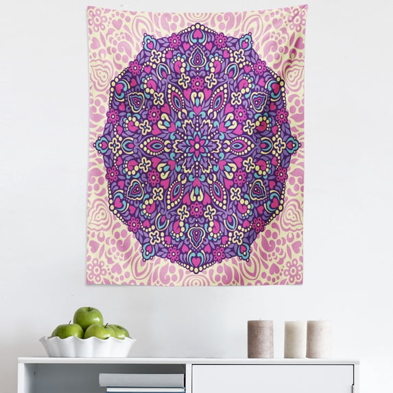 Purple Mandala Tapestry, Abstract Floral Cosmos Eastern Motif Petals Essence Theme, Fabric Wall Hanging Decor for Bedroom Living Room Dorm, 5 Sizes, Pale Pink Magenta Cream, by Ambesonne