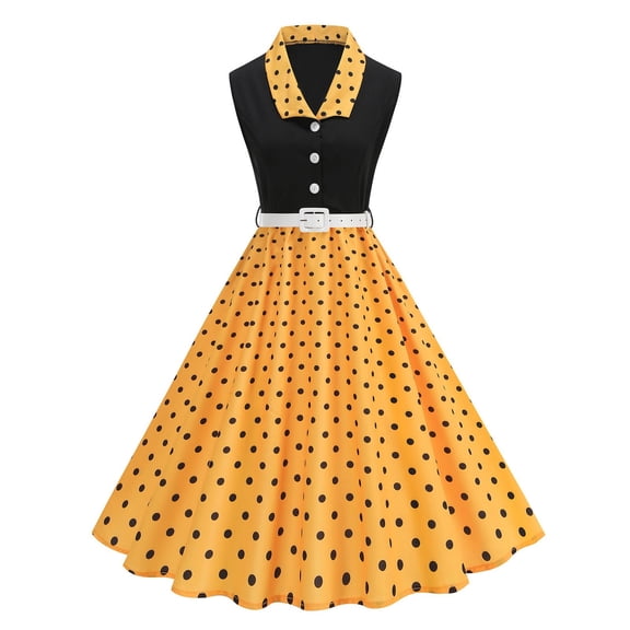 FRSASU Dress for Women Vintage Polka Dot Tie Retro Cocktail Swing Dress Rockabilly Prom Summer Party Dress Yellow