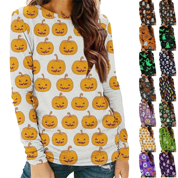 Halloween Shirts for Women Long Sleeve T-Shirts Funny Graphic Print Casual Loose Comfy Crewneck Tunic Tops Women Fall Outfit