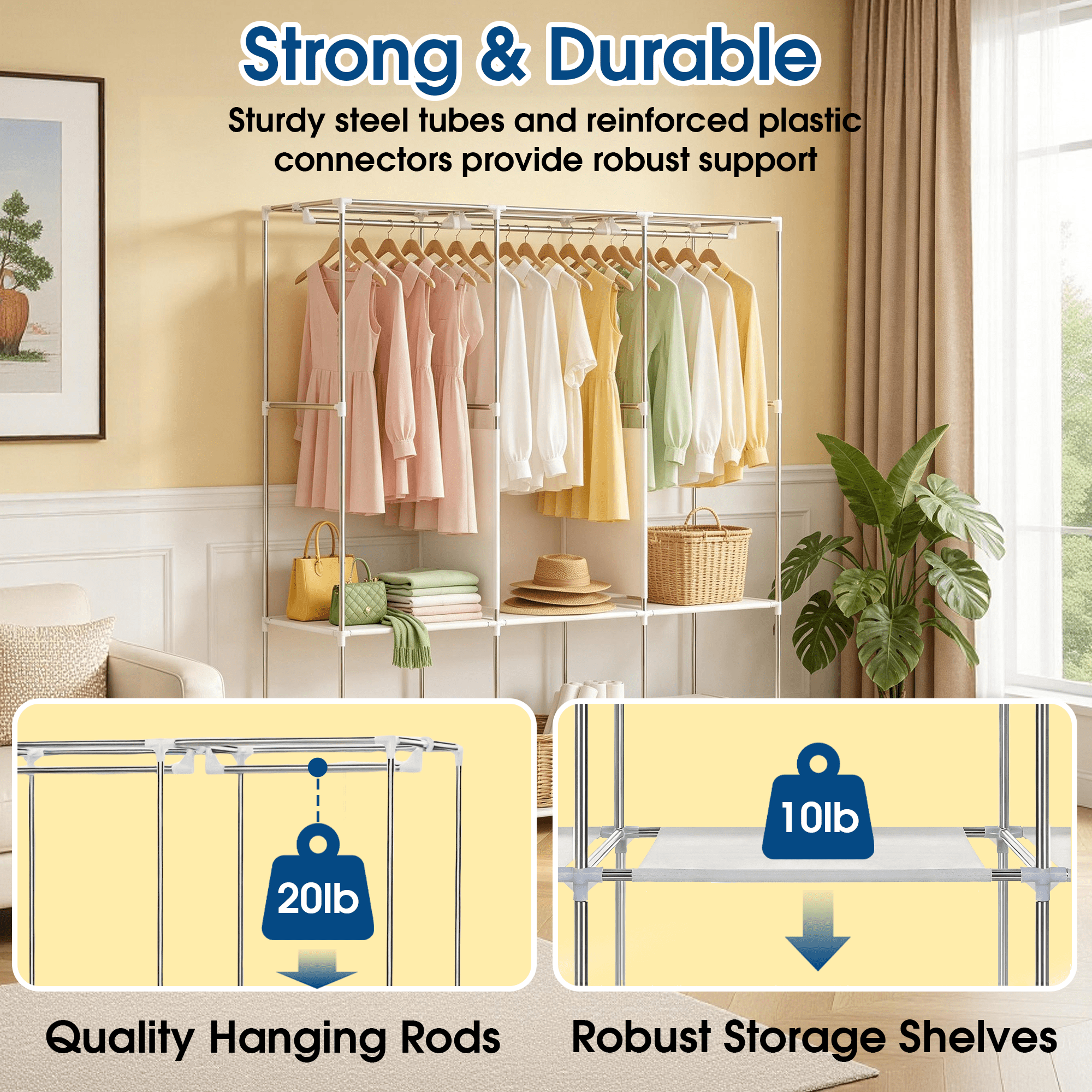 Portable Wardrobe, 50 Inch Freestanding Clothes Closet Organizer with 3 Hanging rods, 6 Storage Shelves and Side Pockets, Large Capacity Fabric Wardrobe for Bedroom