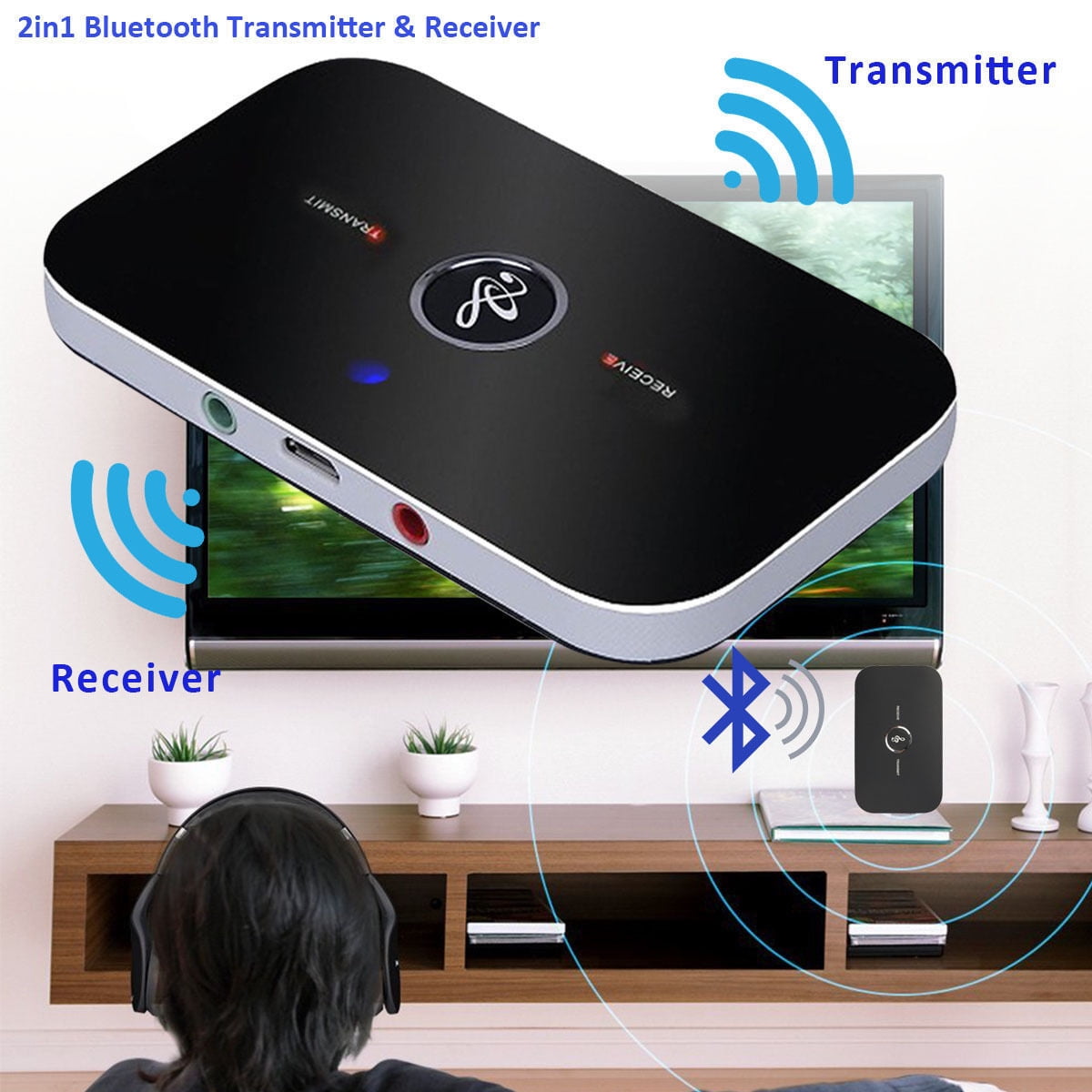 2 in 1 Wireless Bluetooth Transmitter & Receiver A2DP Home Stereo TV Audio Adapt 