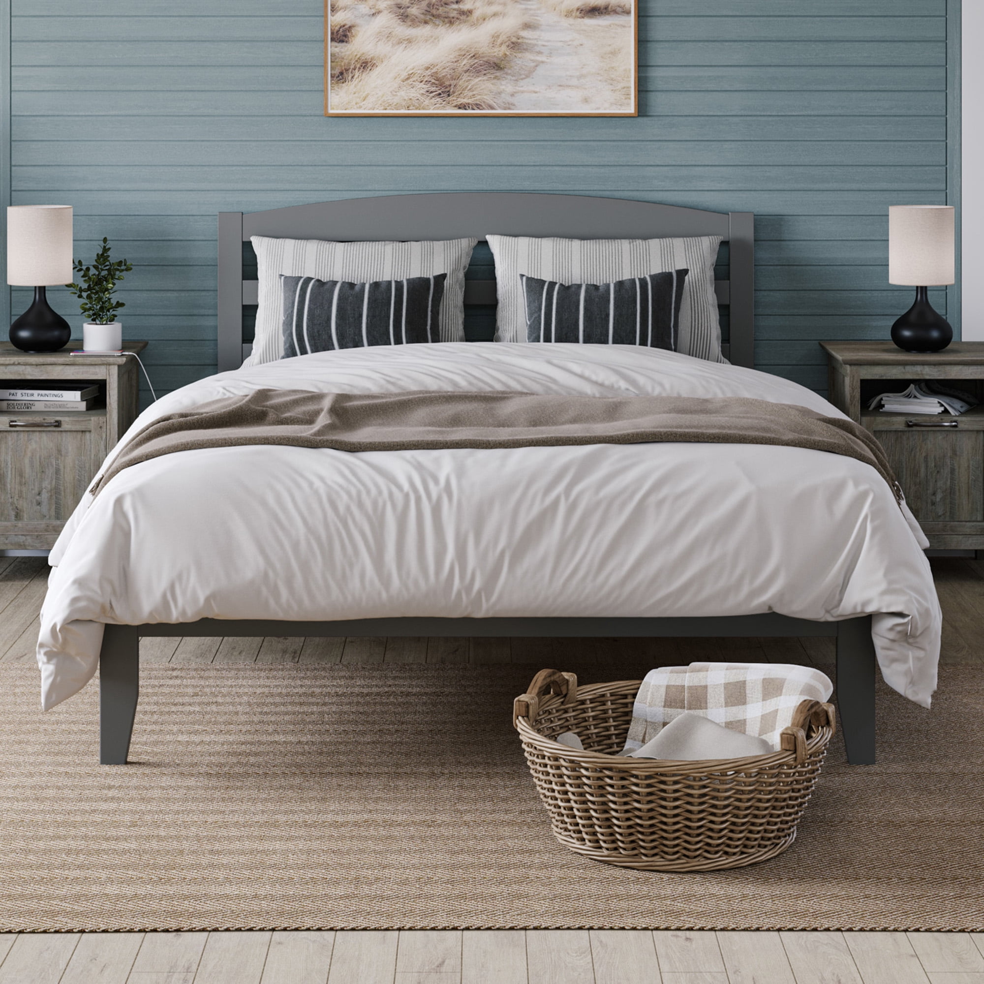 AFI Warren 14" Queen Wood Platform Bed Frame with Slatted Headboard, Grey