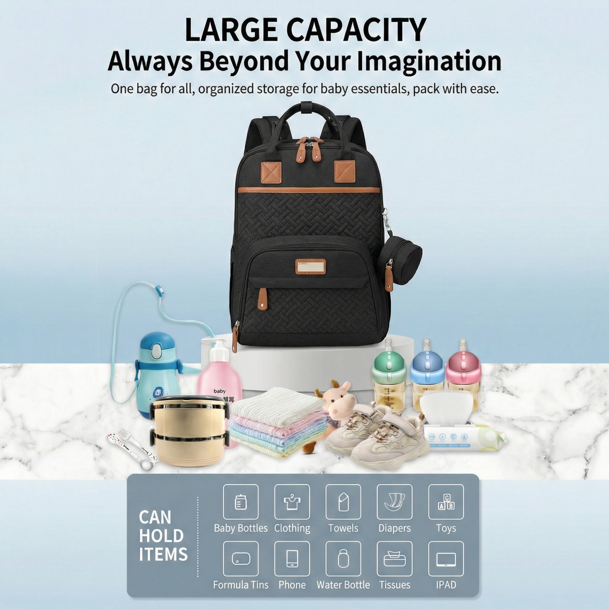 Baby diaper bag, with changing pad, multi-functional baby diaper bag, portable diaper bag, diaper bag storage bag, with insulated bottle bag, suitable for both boys and girls, Black.