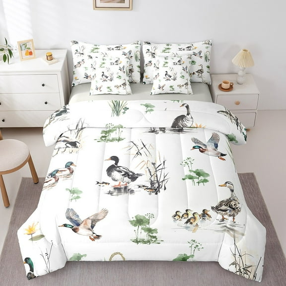 Manfei Mallard Duck 7-Piece Twin Bedding Sets,Floral Lotus Bedding Comforter Set,Rustic Animal Breathable Sheet Sets,Microfiber Flower Bedroom Decoration,Reversible