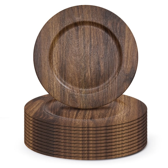 12PCS Wood Look Charger Plates, 13 inch Round Decorative Plastic Placemats with Rustic Wood Grain Design, Table Chargers for Wedding, Party, Farmhouse Table Decor