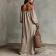 thumbnail image 2 of Women's Striped Off-Shoulder Maxi Dress – Puff Sleeves, Side Pocket, Elastic Neckline, Bohemian Summer Outfit Beige，XS, 2 of 5