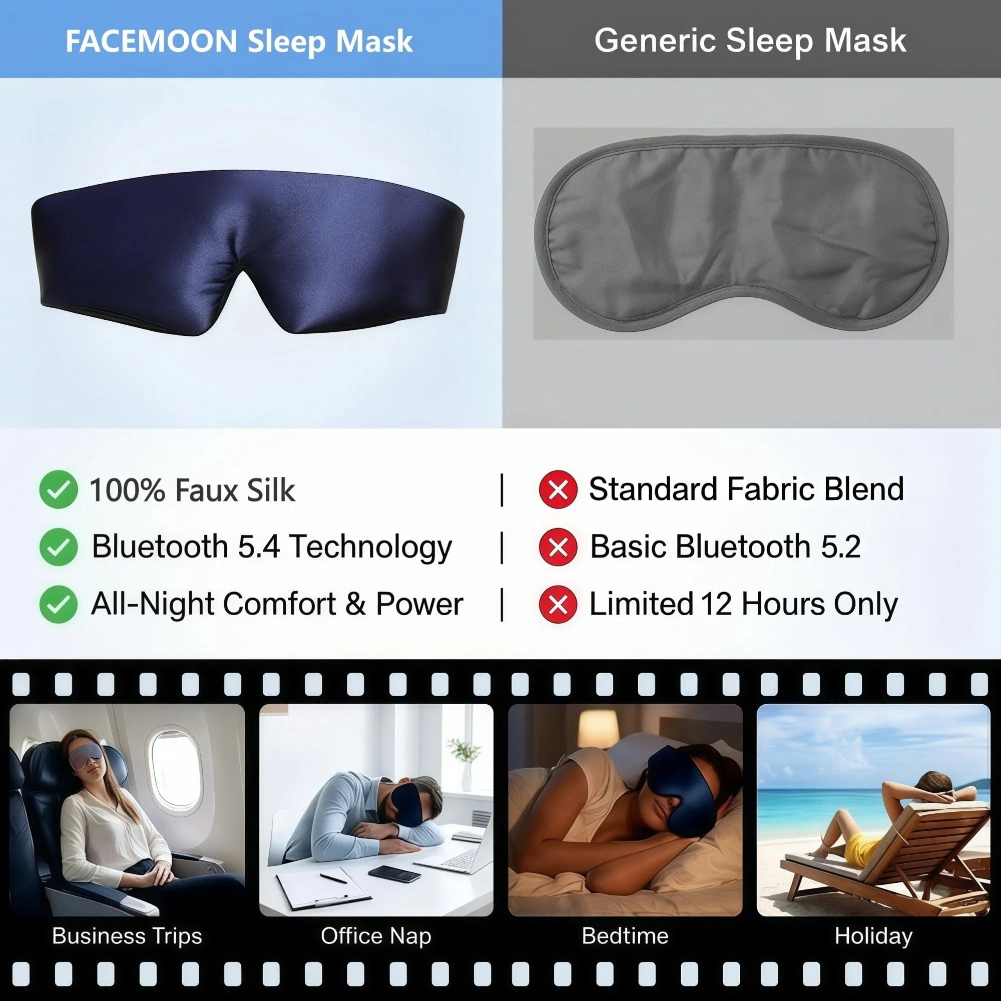 FACEMOON Organic Bamboo Cotton Bluetooth Sleep Mask 100% Blackout 3D Design Zero Eye Pressure 13H Playtime