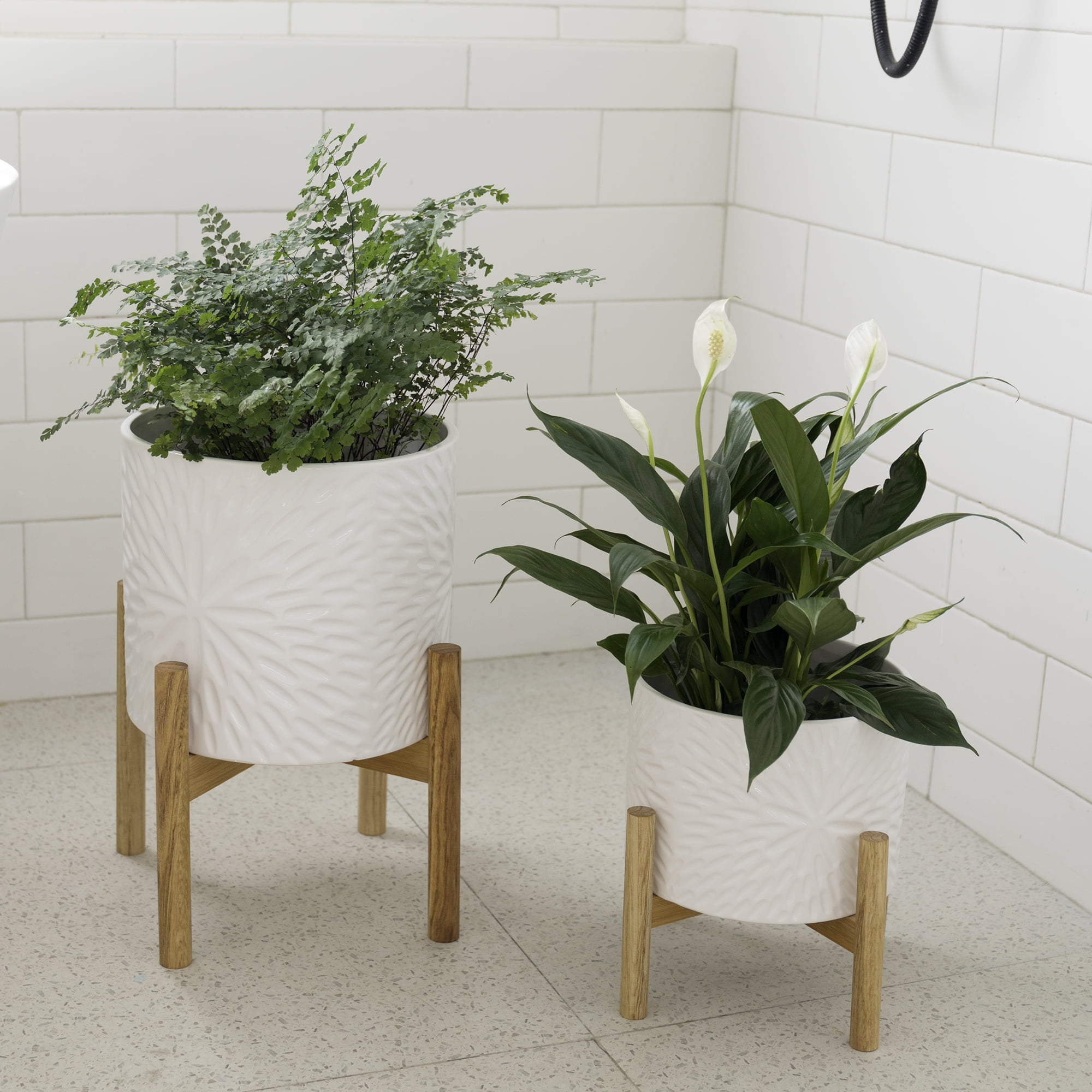 La Jolie Muse Ceramic Plant Pot with Wood Stand - 8 Inch White