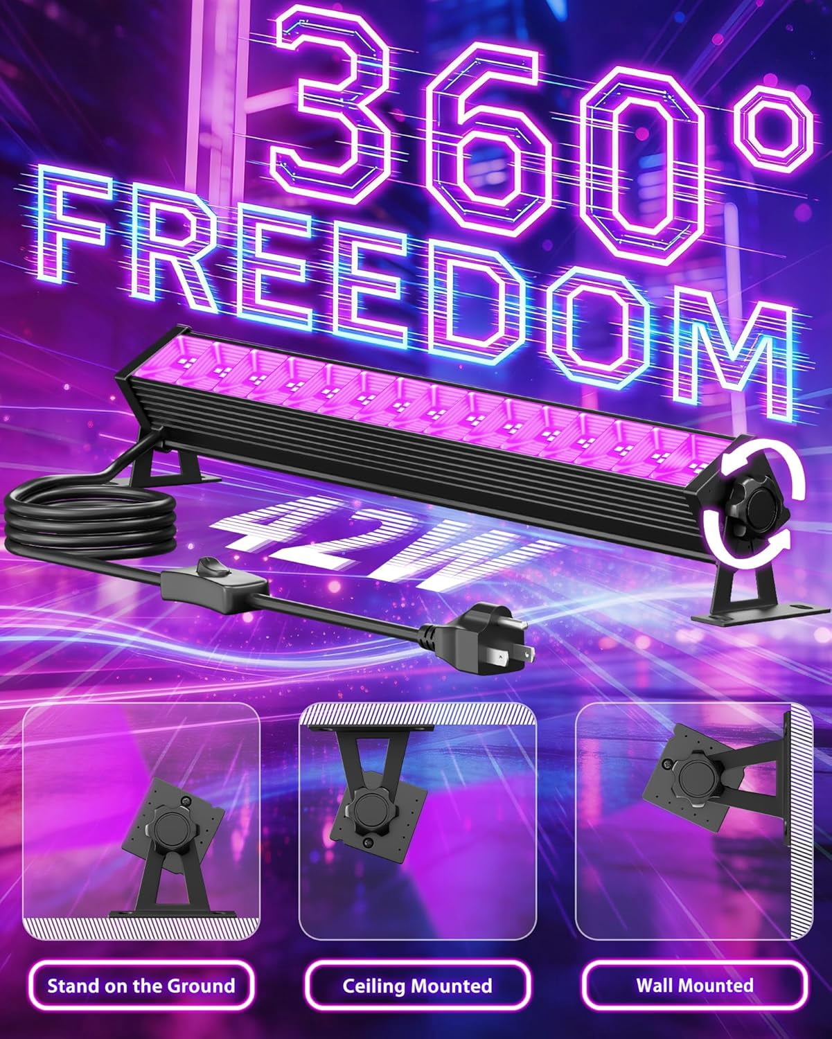 Upgraded 42W LED Black Light Bar, Blacklight Flood Light with Plug+Switch+5.9ft Cord, Light Up 24x24ft Area, for Halloween Glow Fluorescent Party Bedroom Game Room Body Paint Stage Lighting
