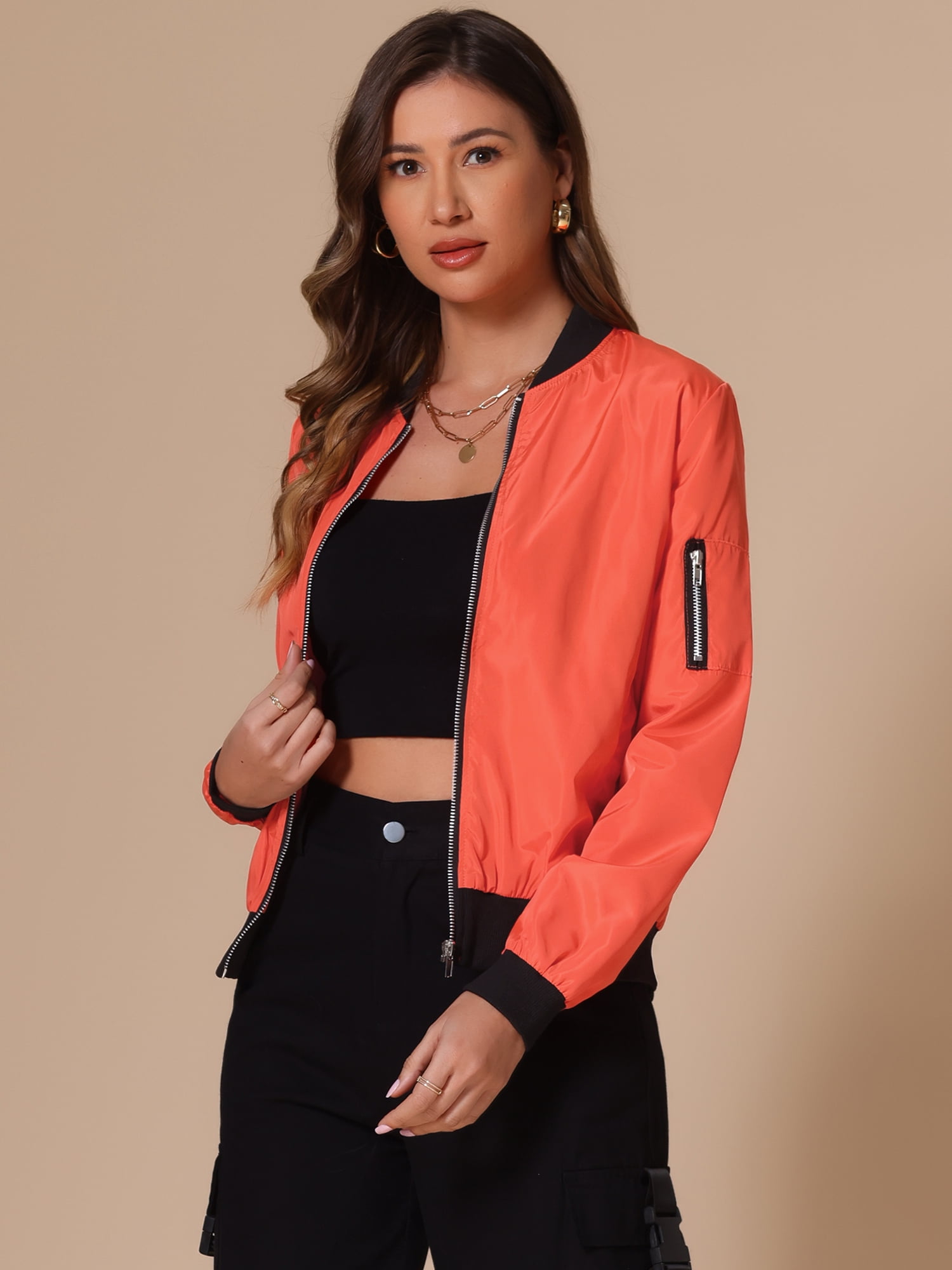 DARING DIVA Windbreaker Outerwear Casual Zip Up Bomber Jacket S Orange