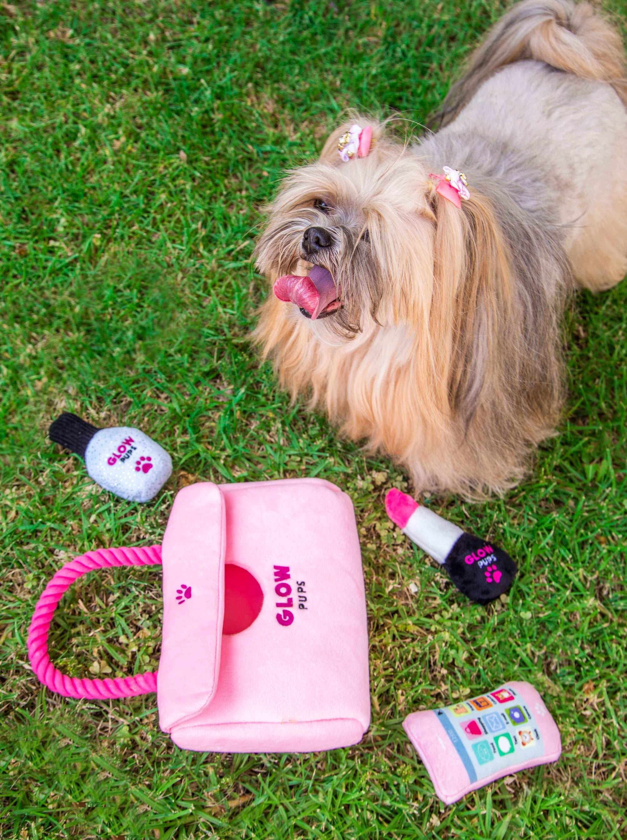 Glow Pups Washable Burrow & Hide and Seek Dog Toy with Plush Lipstick, Nail Polish and Cellphone, Pink Purse