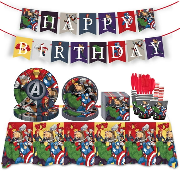 Cartoon Avengers theme birthday decorations, party supplies set includes banners, tablecloths, plates, paper towels, cutlery, etc. for boys and girls cartoon hero theme party supplies