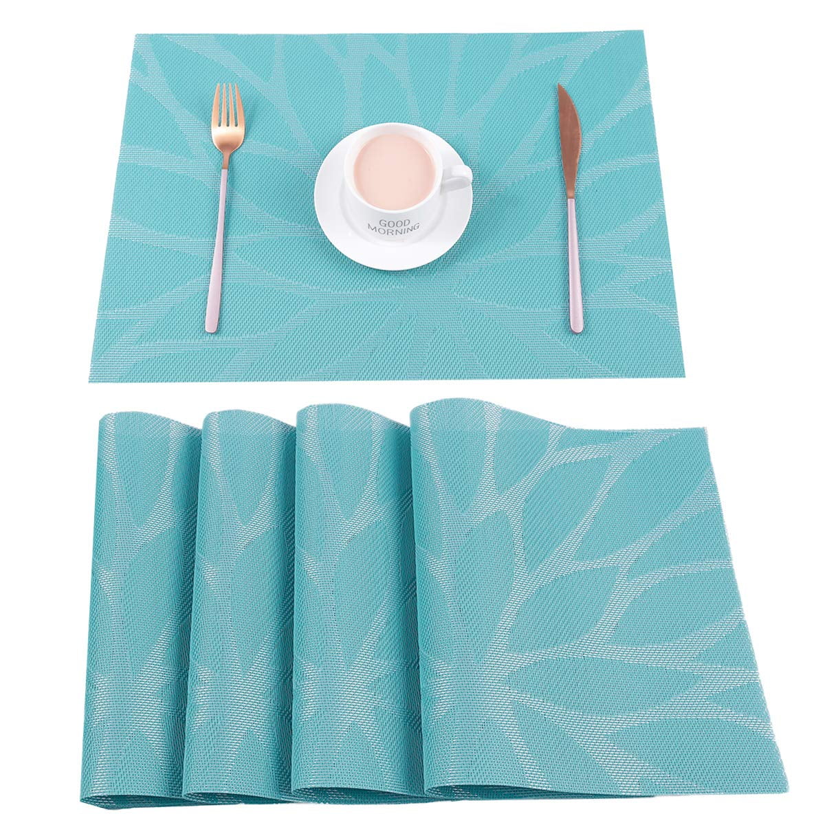 Placemats Set of 6 Woven Dining Table Mat PVC Washable Heat Resistant Decor Blue 