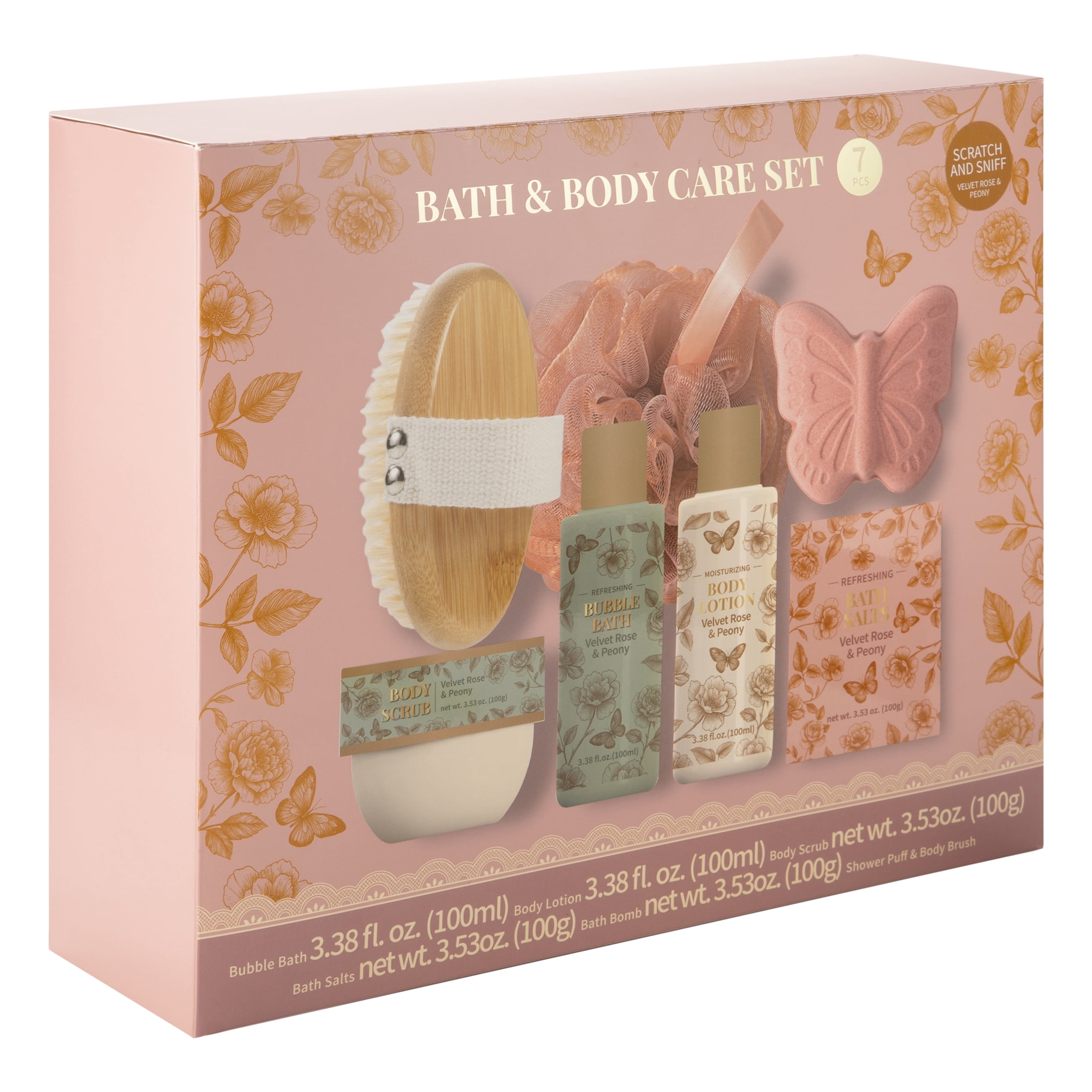 Bath and Body Care Set, Velvet Rose and Peony Scent, 7 Pieces