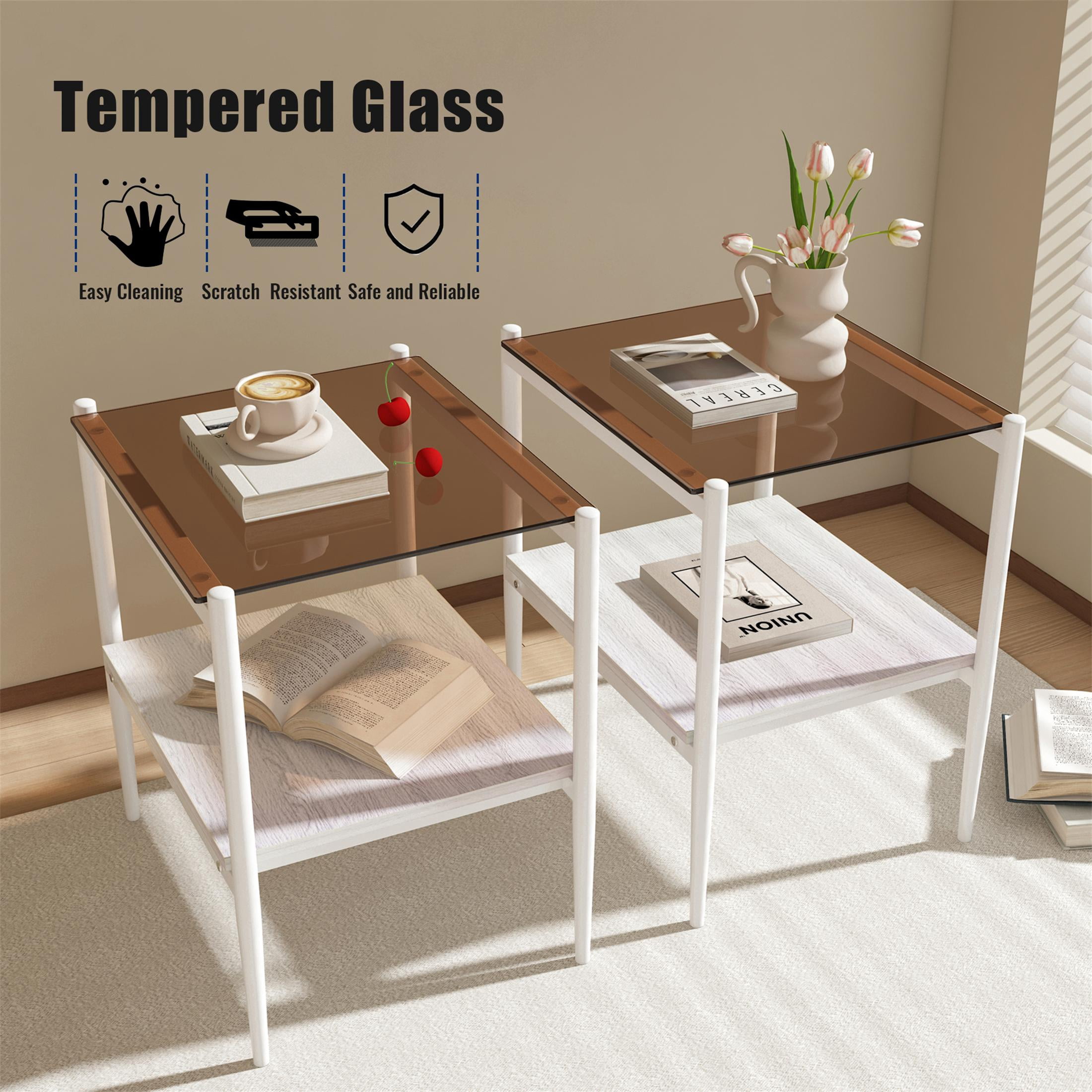 PAPROOS Nightstand Set of 2, Bedside Table with Metal Legs, Modern End Side Table with a Fabric Drawer and Shelf, Versatile Nightstand for Bedroom Sofa Entryway, Brown+White