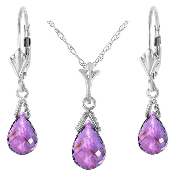 Galaxy Gold 14k White Gold Jewelry Set: Natural Briolette Purple Amethyst 22" Pendant Necklace and Dangle Earrings