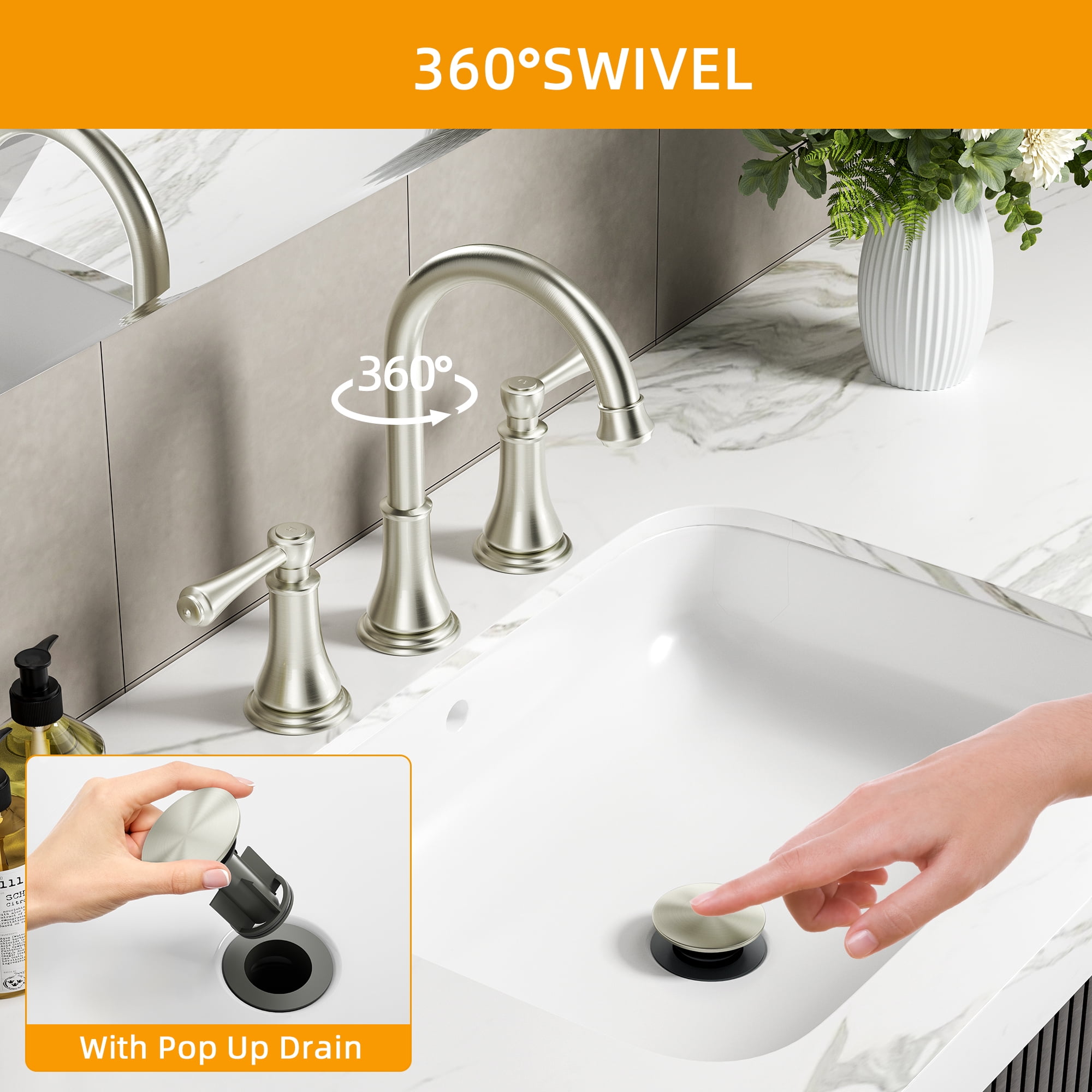 SUGIFT 8" Widespread Bathroom Faucet, Brushed Nickel Bathroom Vanity Sink Faucets with Pop-up Drain and Supply Hoses